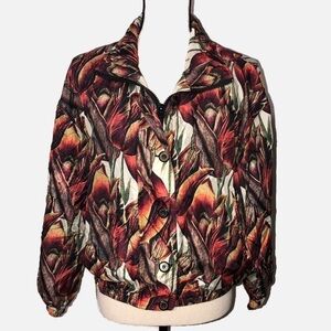 Keren Hart Vintage Silk Track Jacket Small Tulip Print Brown Rust Green Zip